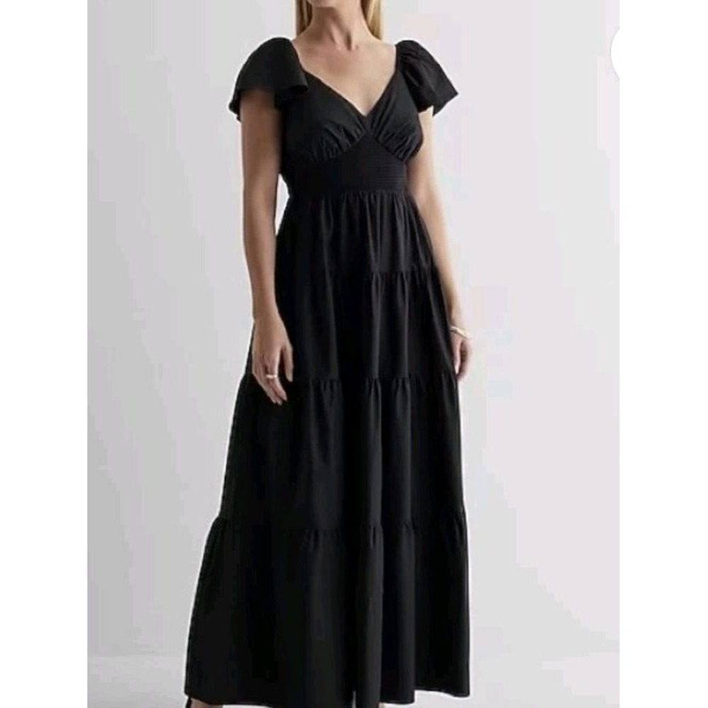 Express Black V-Neck Flutter Sleeve Tiered Poplin Maxi‎ Dress Sz L Boho Cottage